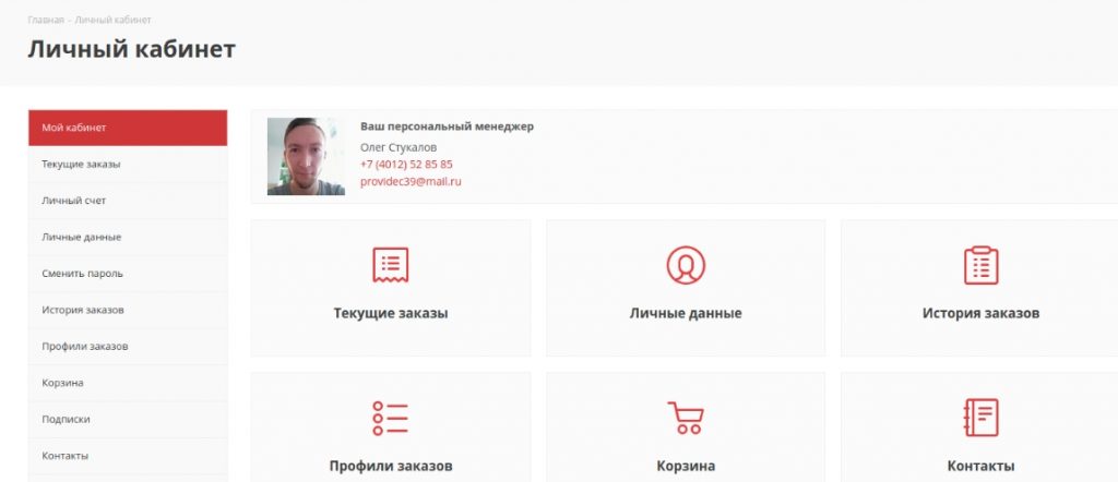 дизайн макет страницы личного кабинета сайта Провидео Маркет