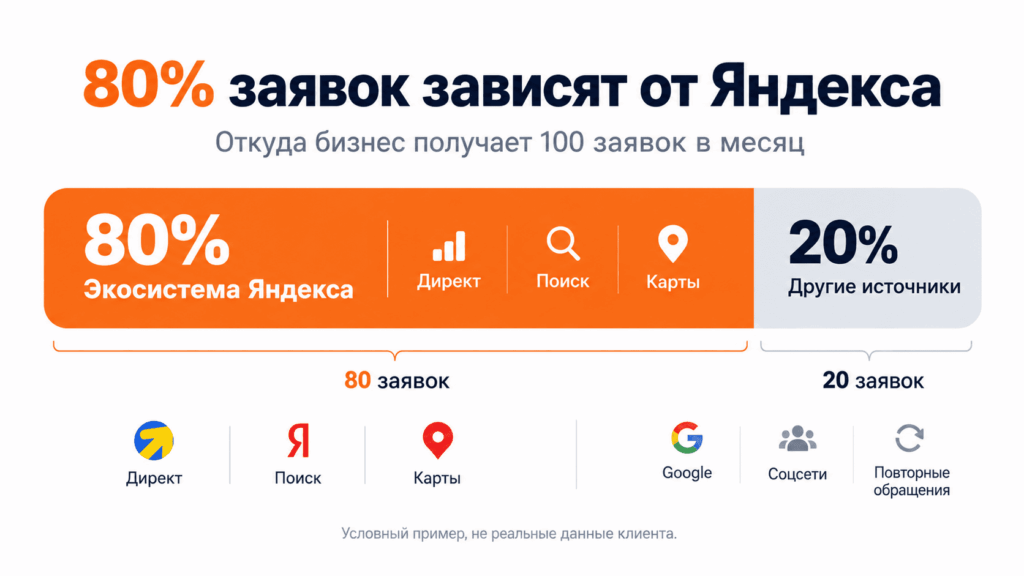 Инфографика: 80 из 100 заявок поступают из Яндекса — 50 из Директа, 20 из поиска и 10 из Карт